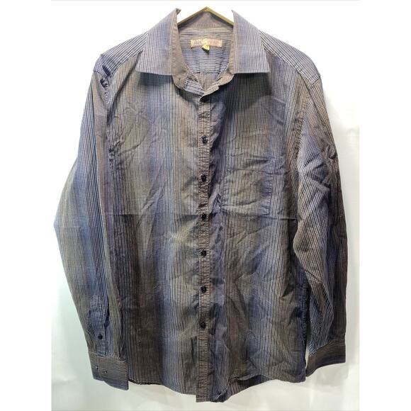 Pronto Uomo Blue Brown Gray Striped Button Up Long Sleeve Shirt Men's XLT 46-48 - Picture 1 of 7